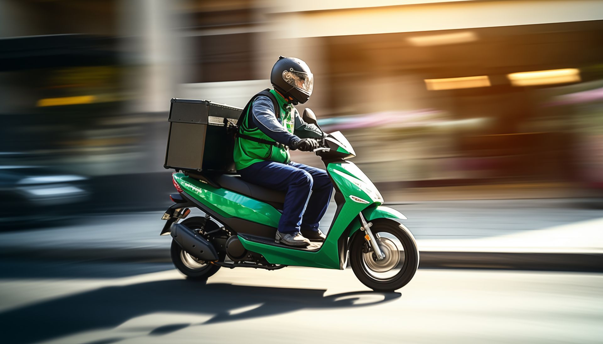 Scooter vert avec boîte de livraison, conducteur portant un casque, roulant à grande vitesse dans la rue de la ville.