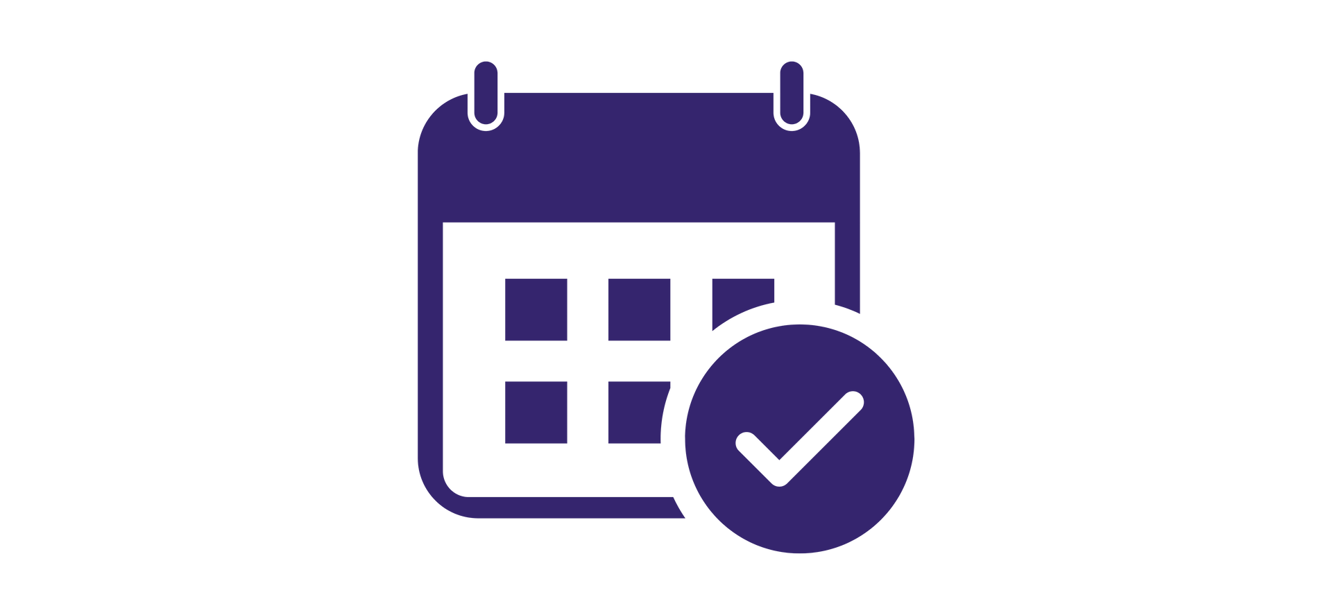 Calendar with a checkmark, purple on white.