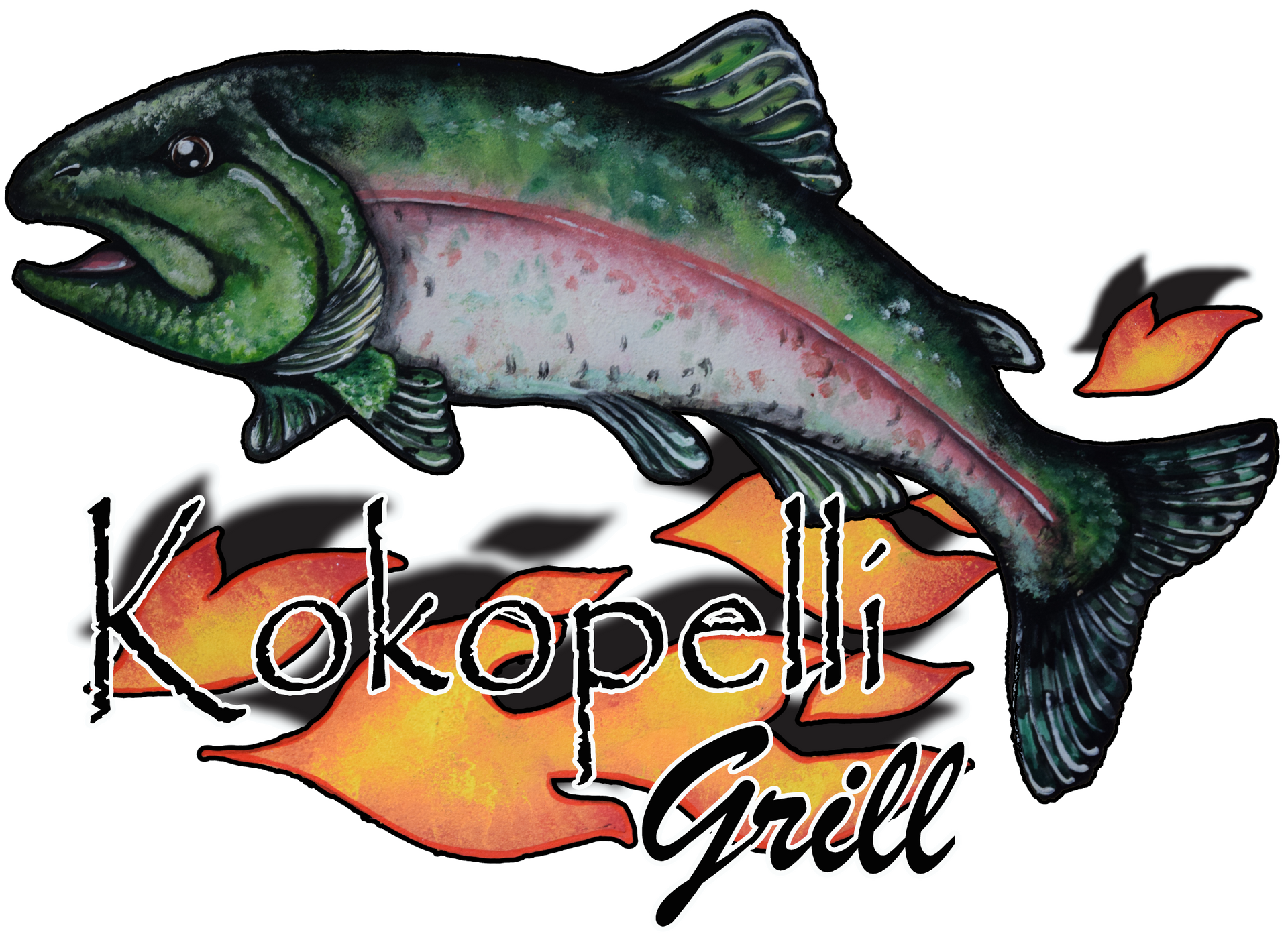 Kokopelli Grill logo: A fish above flames, with text