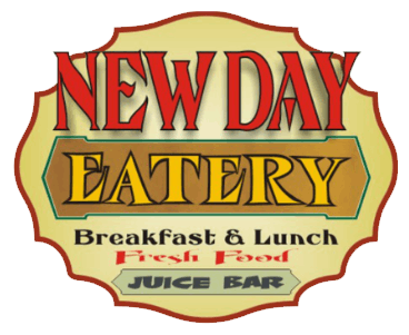 New Day Eatery logo. Red text over gold, reads
