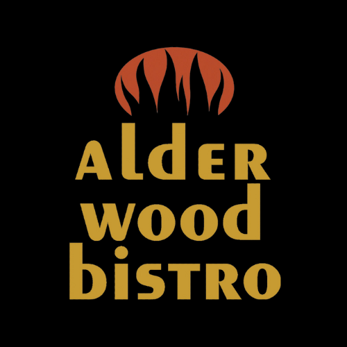 Alderwood Bistro logo: gold text on black background with fire graphic above.