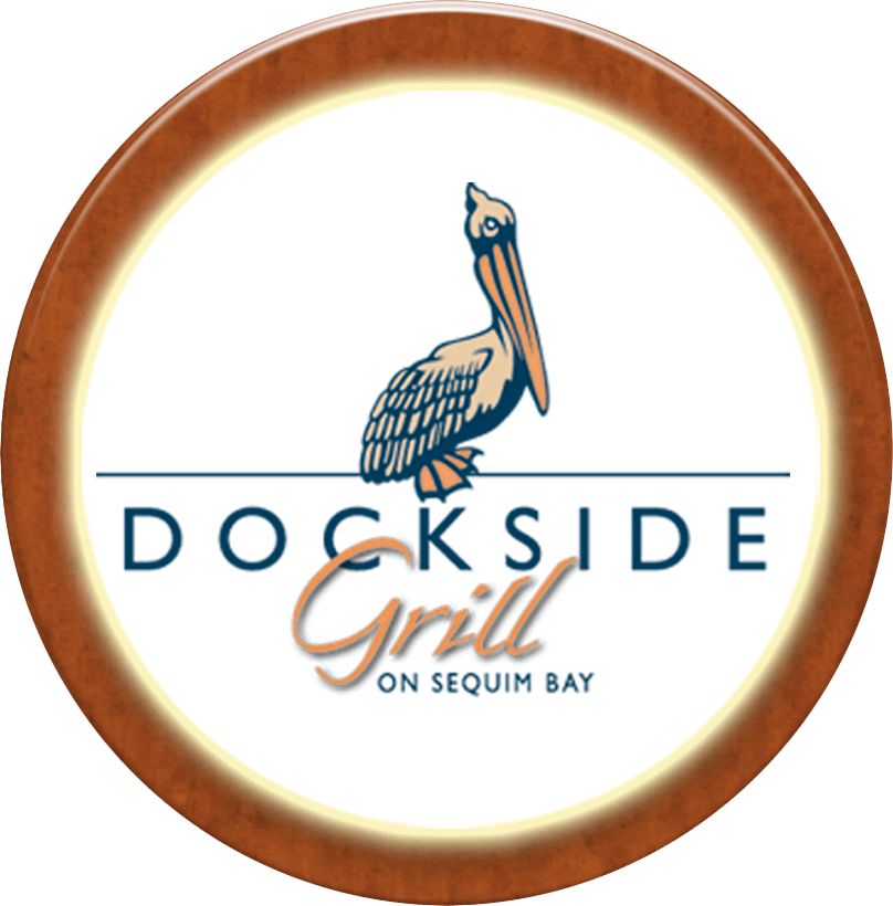 Dockside Grill logo with a pelican, text, and a wood-grain border on a white background.