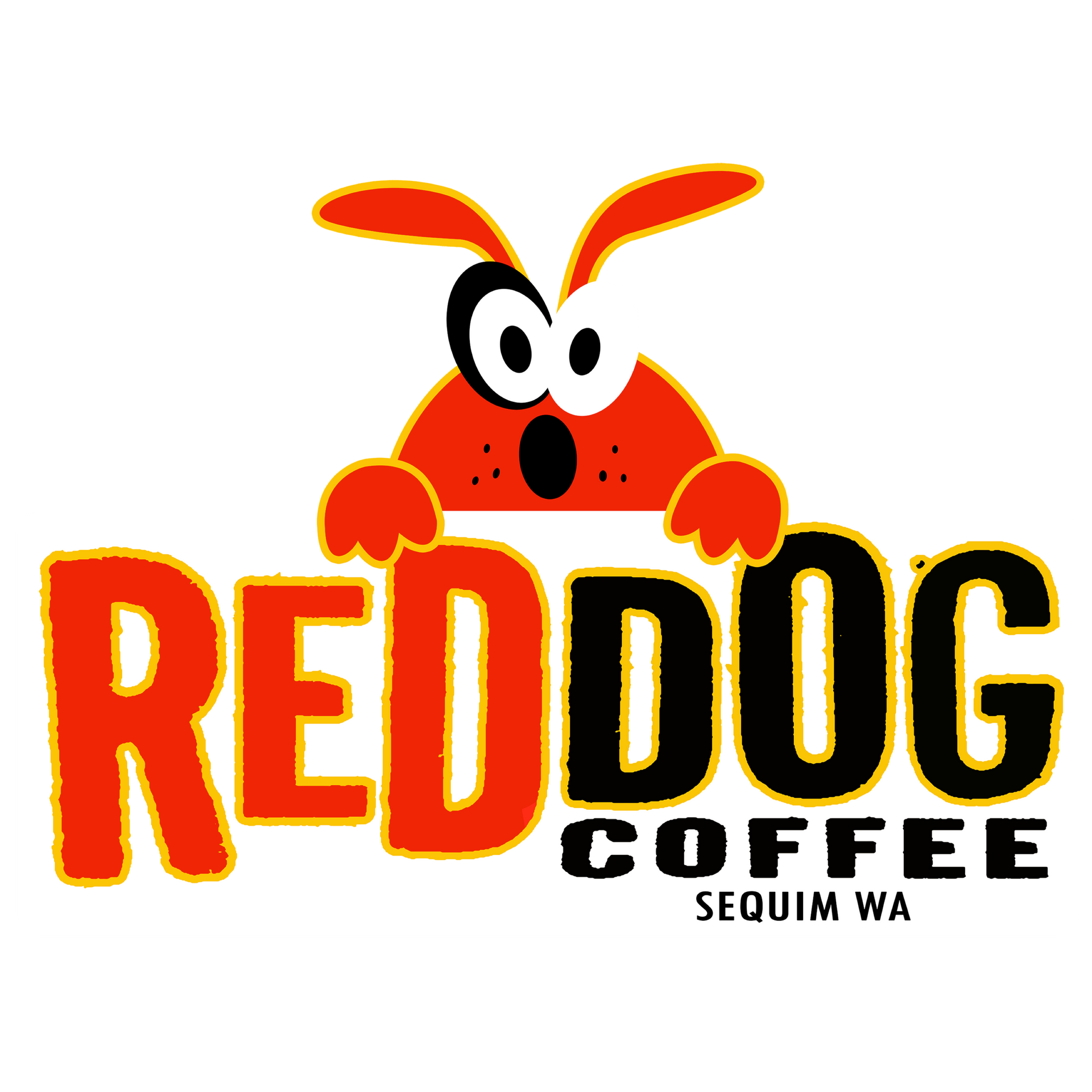 Red Dog Coffee logo: red cartoon dog peering over text, “RED DOG COFFEE” in black and orange, “SEQUIM WA”.