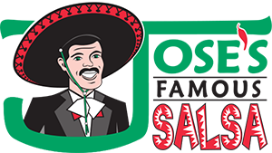 Logo for Jose's Famous Salsa. A man in a sombrero smiles. Green, red, and black colors.