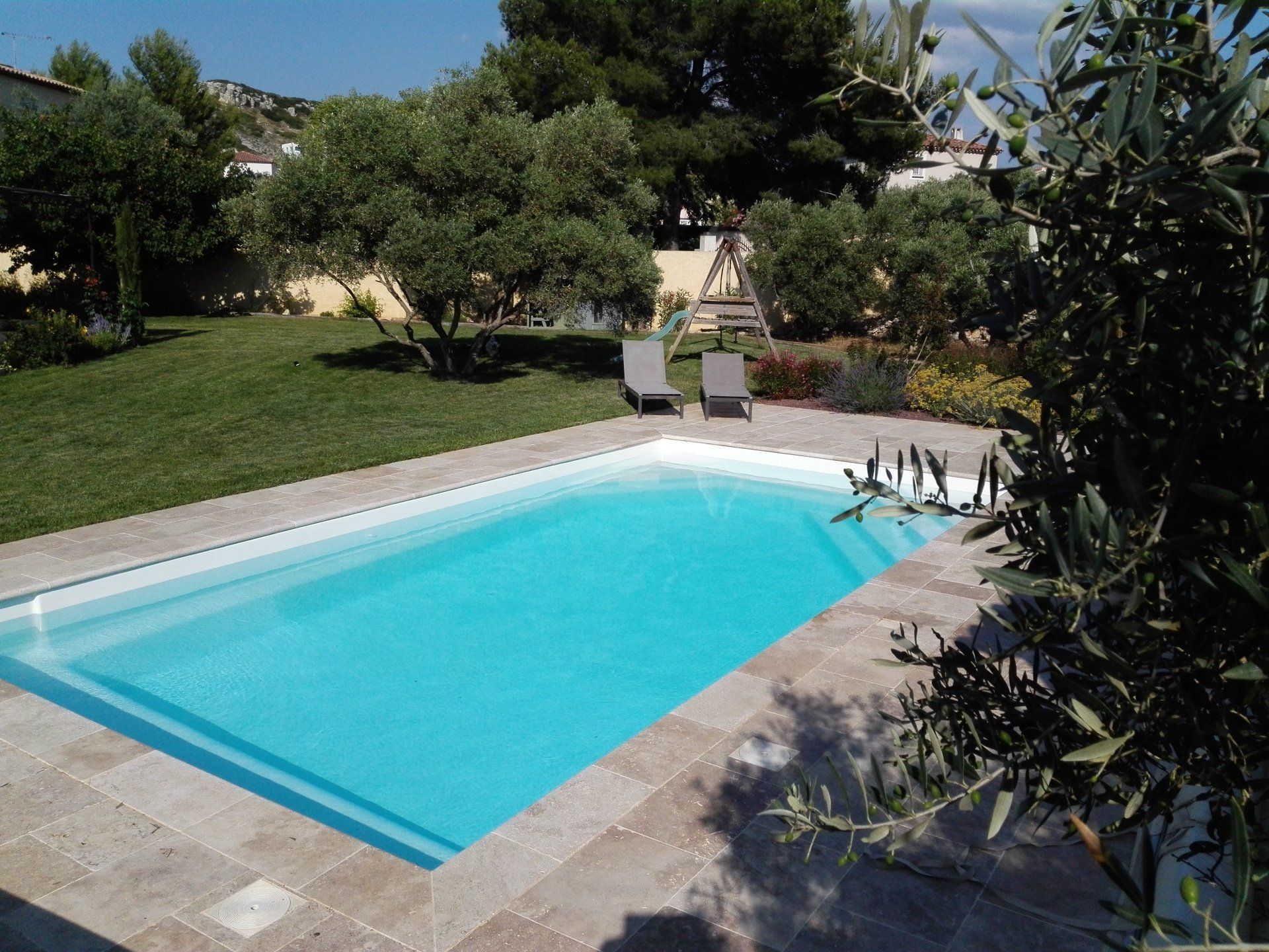 Une piscine avec des margelles autour et de la végétation