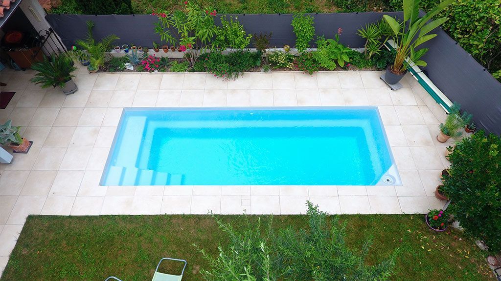 Une piscine avec un escalier, des margelles et des arbustes