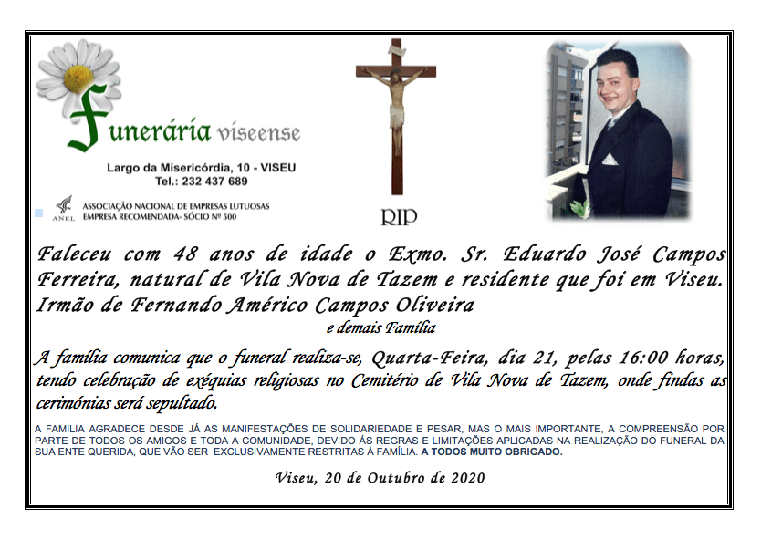 Anúncio do funeral de Eduardo José Campos Ferreira, com foto do falecido e texto em português.
