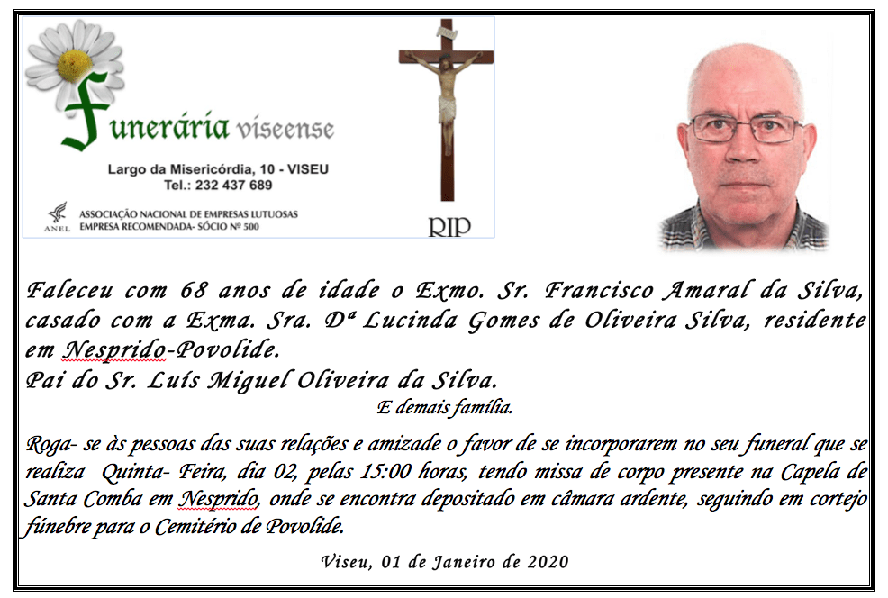 Obituário: Francisco Amaral da Silva, com foto, cruz, funeral home logo. Sepultamento em Santa Comba, Povolide.