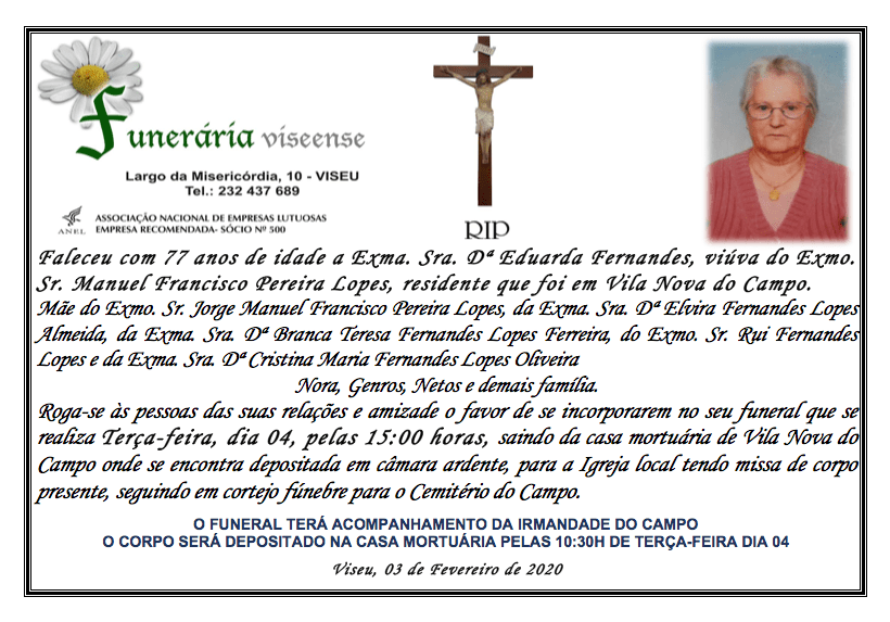 Obituário com a foto de uma mulher, uma cruz e um texto anunciando seu falecimento e detalhes do funeral.