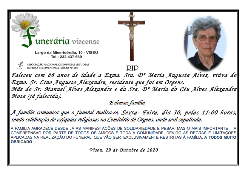 Aviso de falecimento de Maria Augusta Alves, incluindo foto, detalhes e informações do funeral em português.