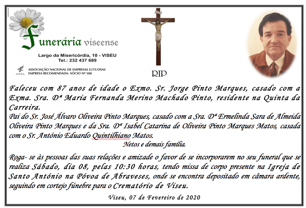 Obituário de Jorge Pinto Marques, com foto, cruz e flor. Detalhes do funeral em português.