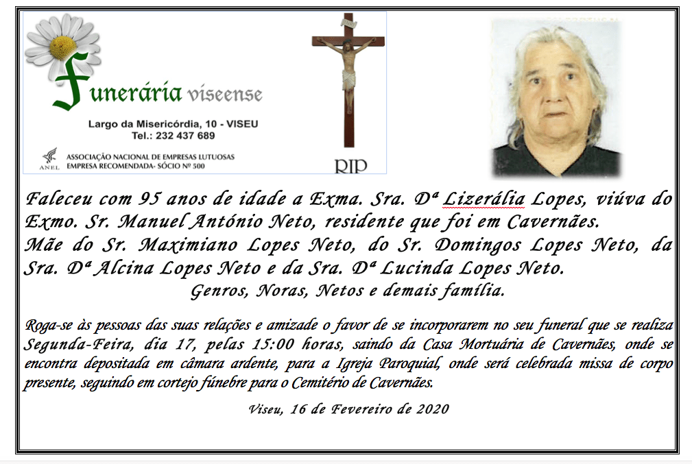 Obituário de Cizerália Lopes, 95 anos, com foto, um crucifixo e logotipo da funerária.
