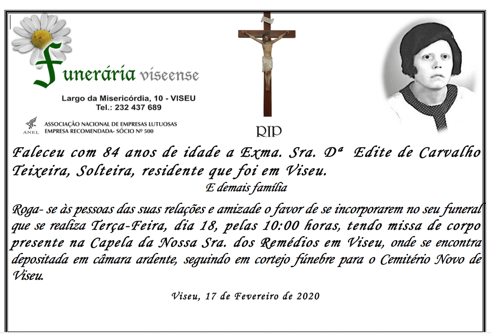Funeral announcement for Edite de Carvalho Teixeira, including a photo, cross, and details about the funeral.