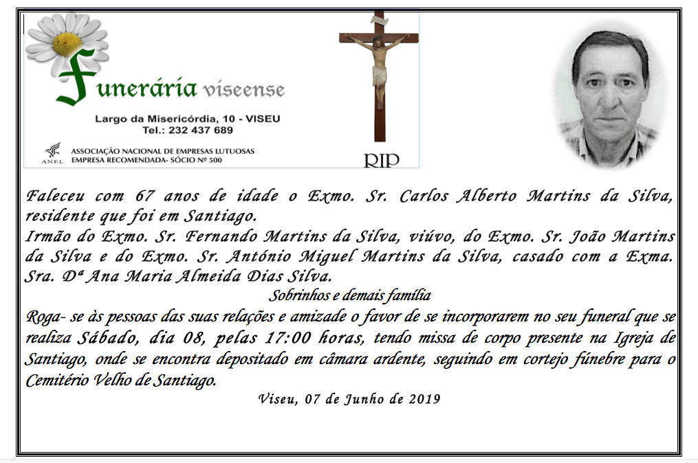Obituário para Carlos Alberto Martins da Silva, inclui uma foto, detalhes e informações funerárias.