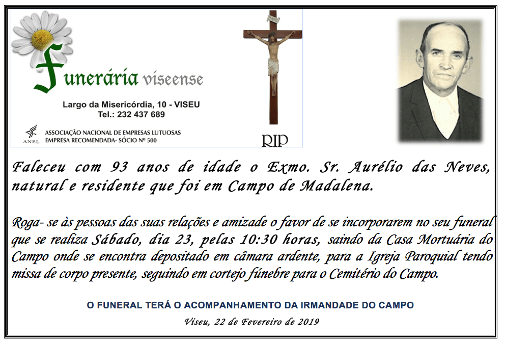 Anúncio do funeral de Aurélio das Neves, incluindo foto, cruz e detalhes do serviço.