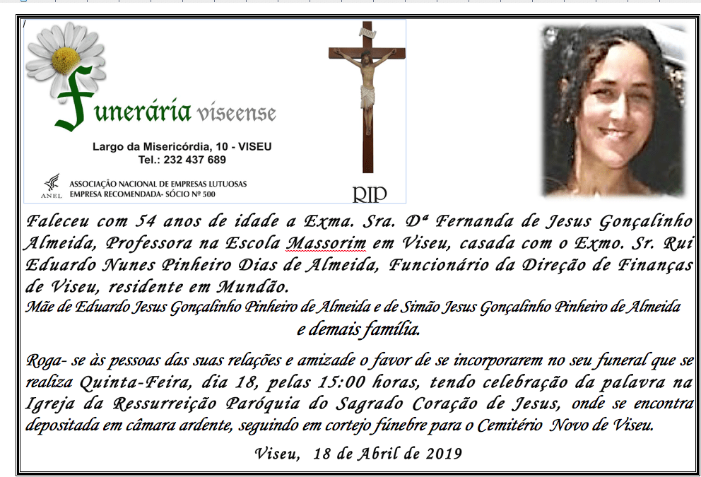 Anúncio do funeral com foto da mulher falecida, crucifixo e texto sobre o funeral em Viseu, Portugal.