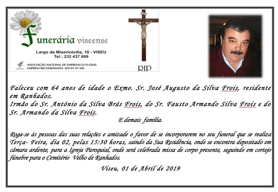 Obituário. Foto de um homem com uma cruz e um logotipo floral.