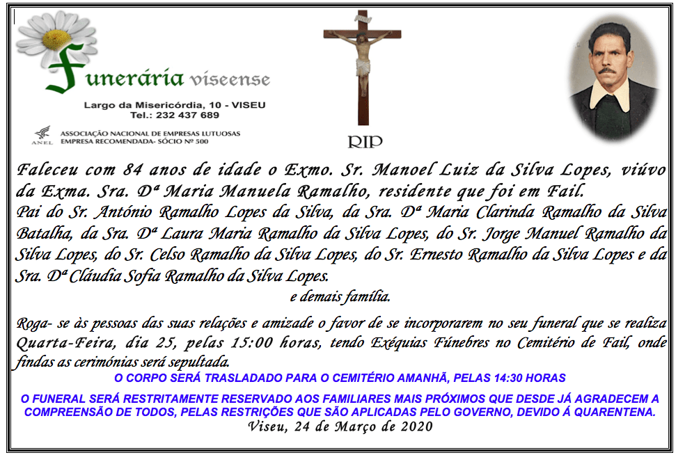 Anúncio de funeral com foto de um homem, cruz, texto.