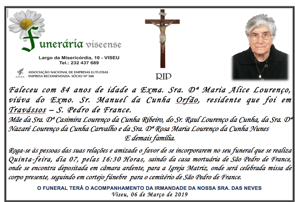 Obituário para Maria Alice Lourenço com foto, cruz e detalhes funerários.