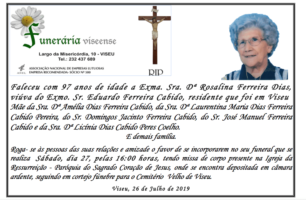 Anúncio de funeral com texto e foto de uma mulher, logotipo de margarida, crucifixo e nome da funerária.