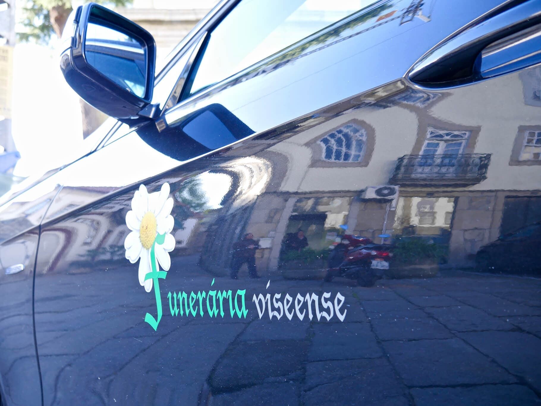 Black car door with a daisy logo and 