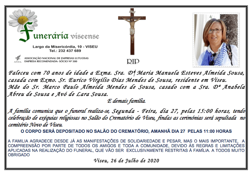 Funeral announcement for Maria Manuela Esteves Almeida Sousa, with photo, cross, and daisy.