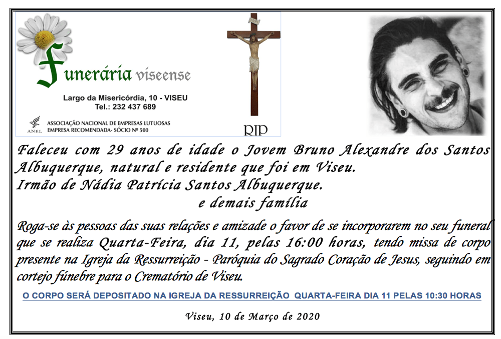 Obituário para Bruno Alexandre dos Santos com foto, detalhes do funeral em Viseu.