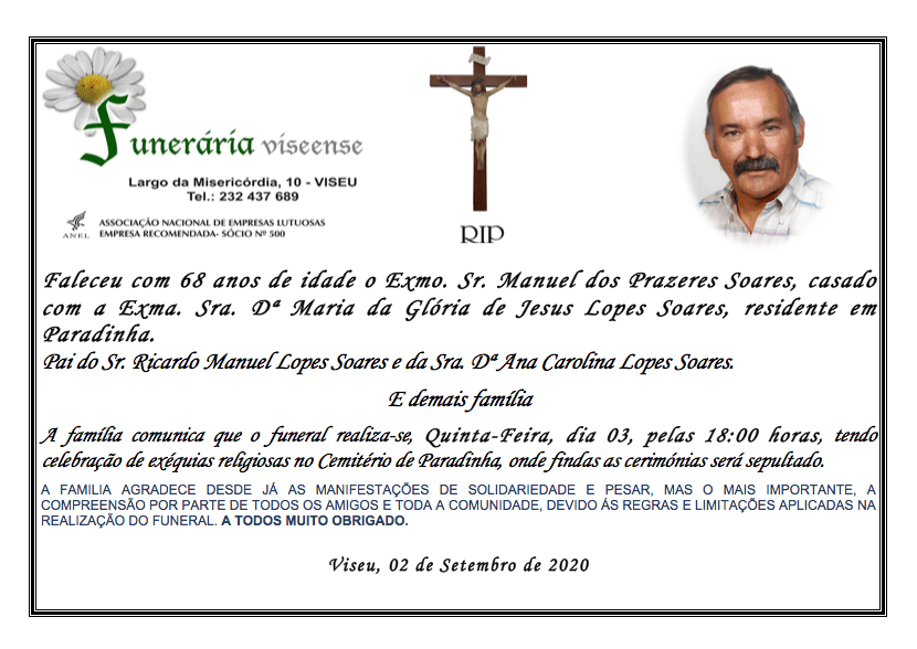 Obituário para Manuel dos Prazeres Soares. Black text on white background with a photo of a man and a cross.