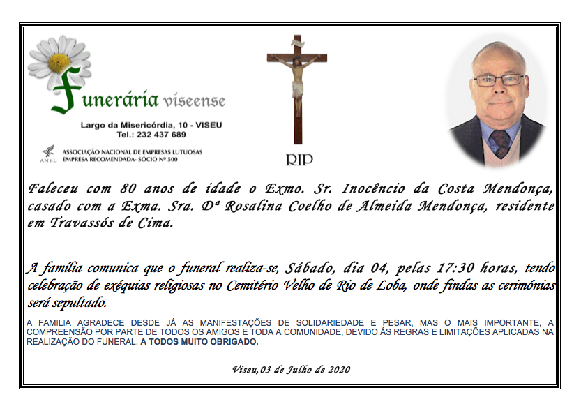 Funeral announcement for Inocêncio da Costa Mendonça, with photo, cross, and floral logo; details funeral on Saturday.