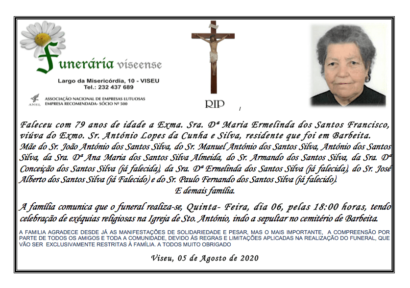 Anúncio de funeral com foto de uma mulher, cruz e logotipo floral. O texto detalha o horário e o local do funeral.
