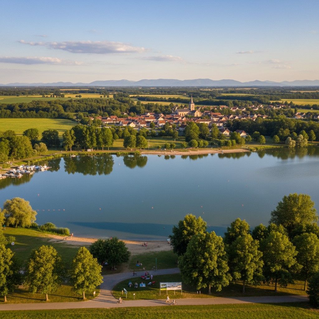 Vue aérienne de la commune de Montrevel-en-Bresse au bord d'un lac.