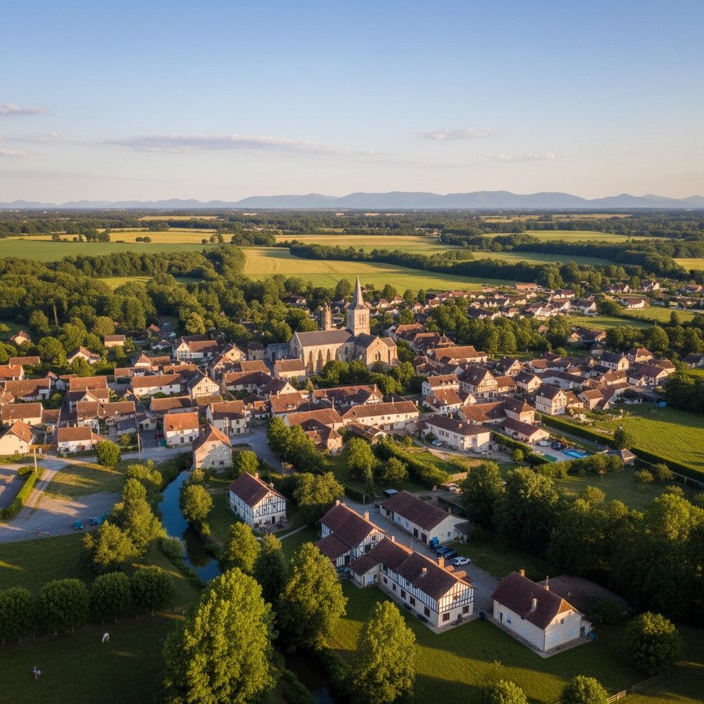 Vue aérienne de la petite ville de Romenay aux toits rouges, avec un clocher et des champs verdoyants au coucher du soleil.