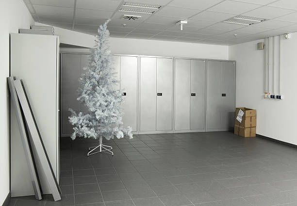 Una habitación vacía con un árbol de Navidad blanco en el medio.