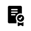 Un icono en blanco y negro de un certificado con una marca de verificación.