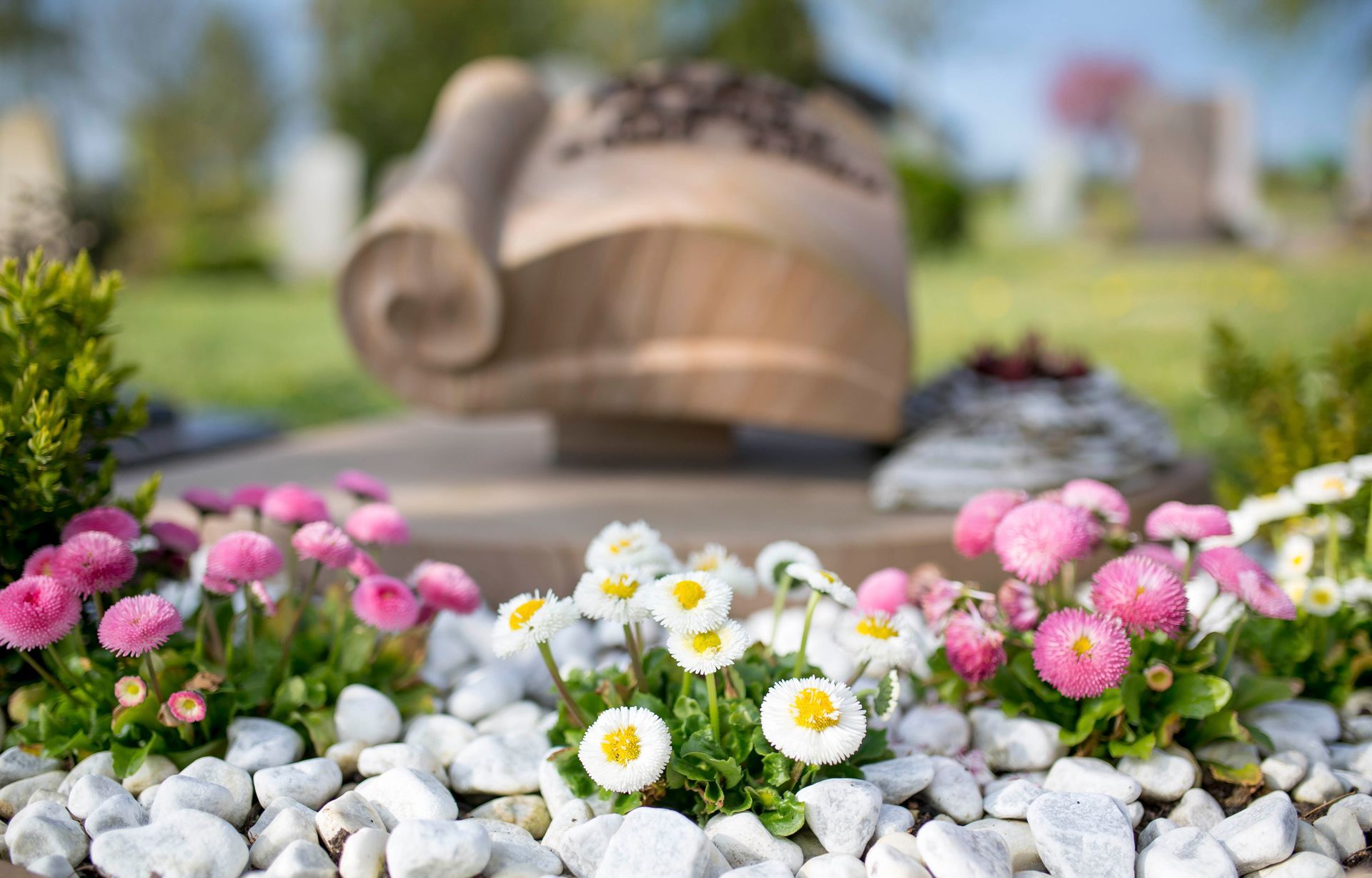 ein Grab mit Blumen und Steinen davor auf einem Friedhof.