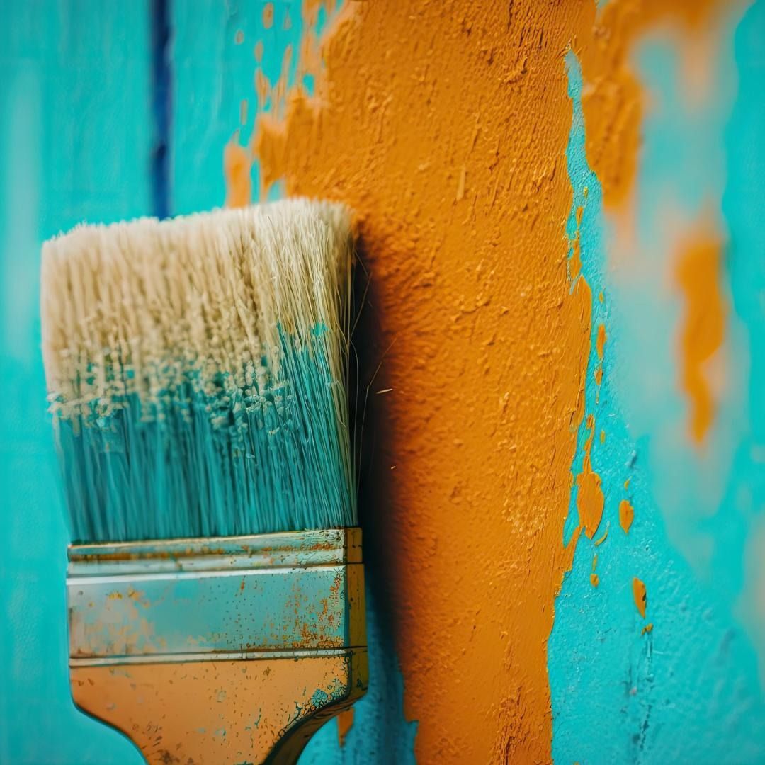 Un pincel reposa sobre una pared azul y naranja.