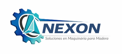 Logotipo de NEXON con un engranaje azul y una hoja de sierra verde azulado, eslogan &laquo;Soluciones en Maquinaria para Madera&raquo;