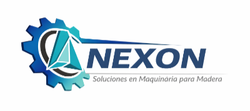 Logotipo de NEXON con un engranaje azul y una hoja de sierra verde azulado, eslogan &laquo;Soluciones en Maquinaria para Madera&raquo;