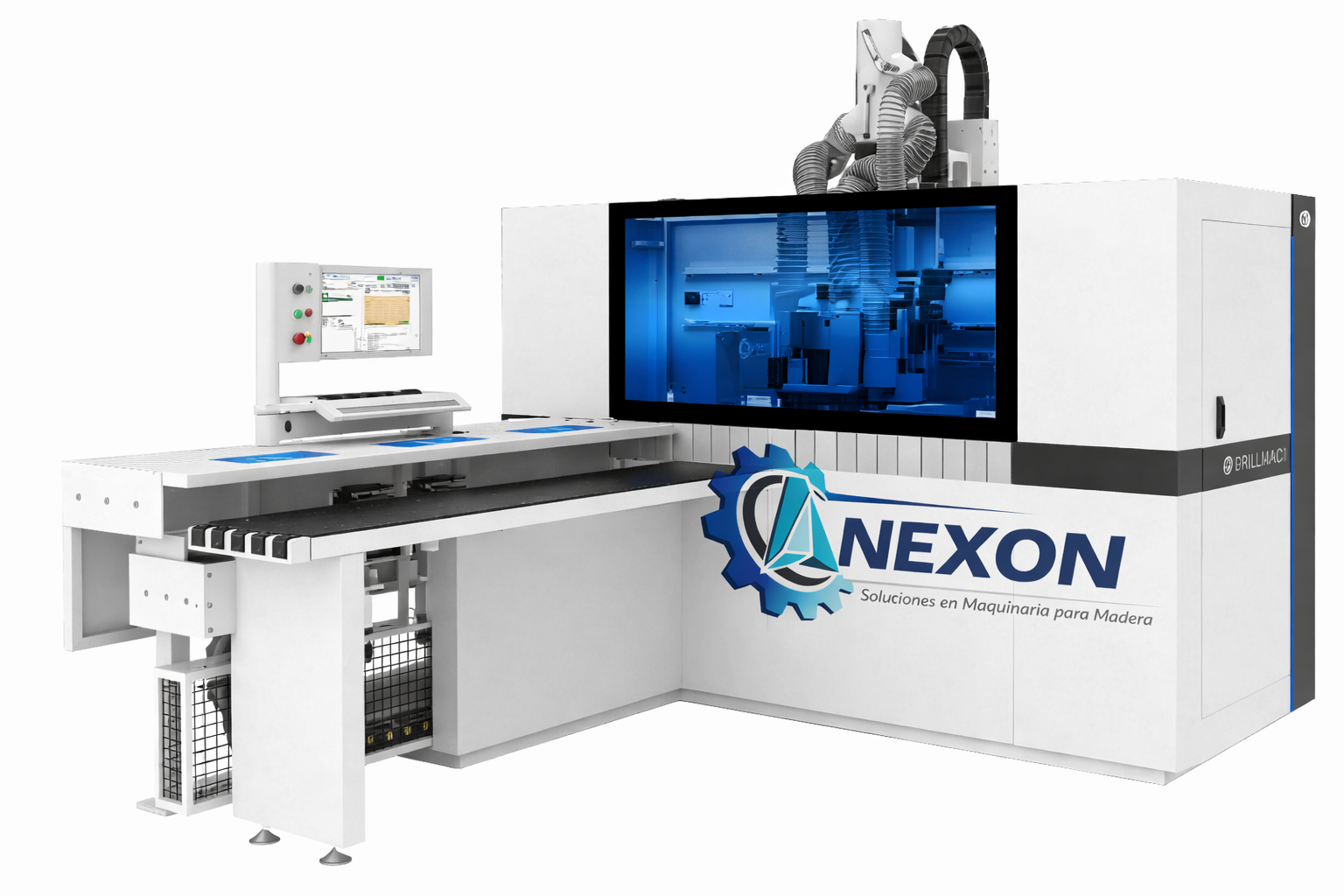 Máquina CNC industrial NEXON con pantalla de control azul y mesa transportadora