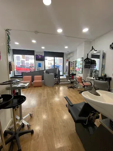 Interior de peluquería con puestos de peluquería, lavabos y asientos. Suelo de madera, paredes de tonos.