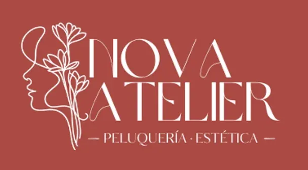 Logotipo para Nova Atelier, peluquería y estudio de estética. Presenta el contorno blanco de una mujer de perfil.
