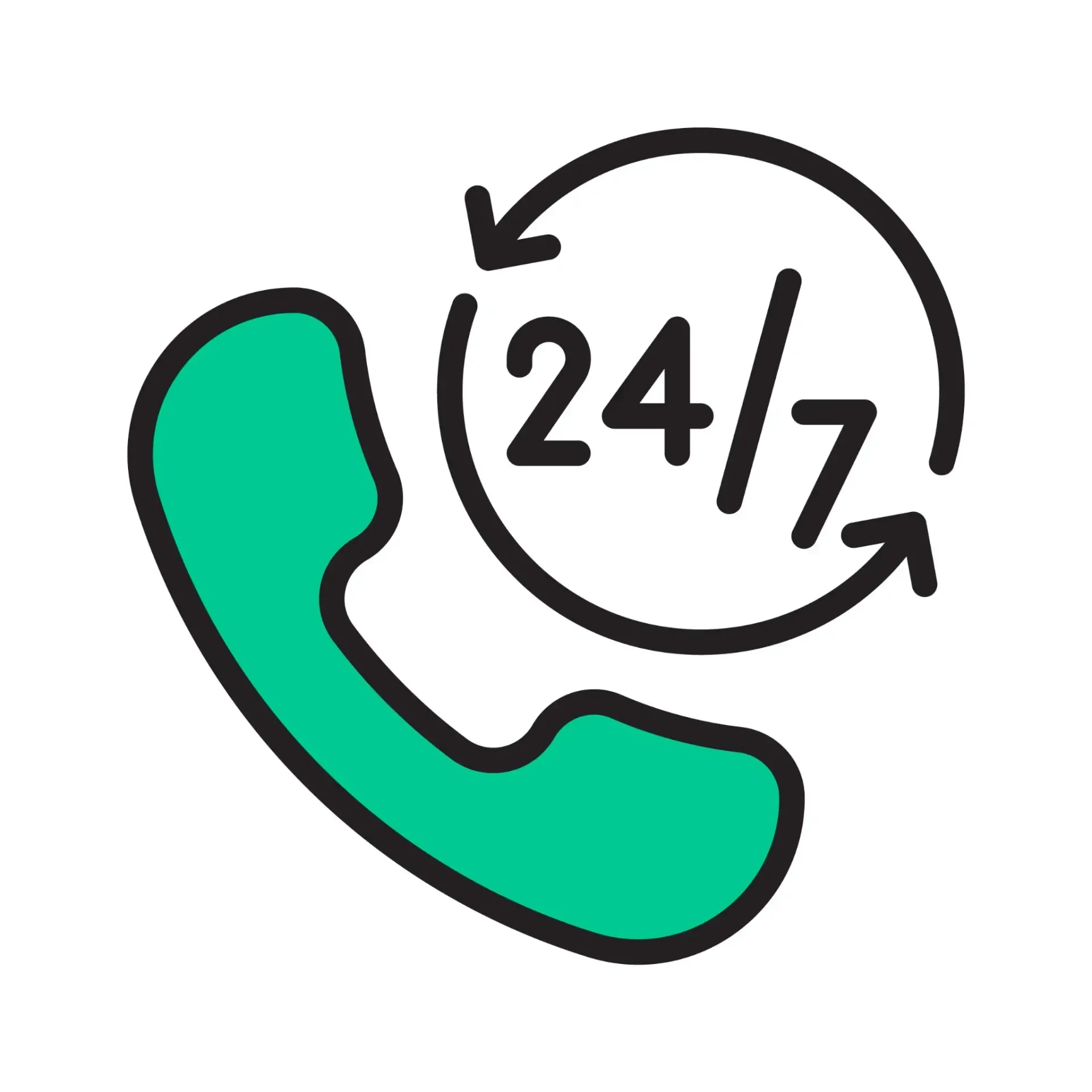 Teléfono verde con 24/7 en un círculo y flechas, lo que indica soporte las 24 horas.