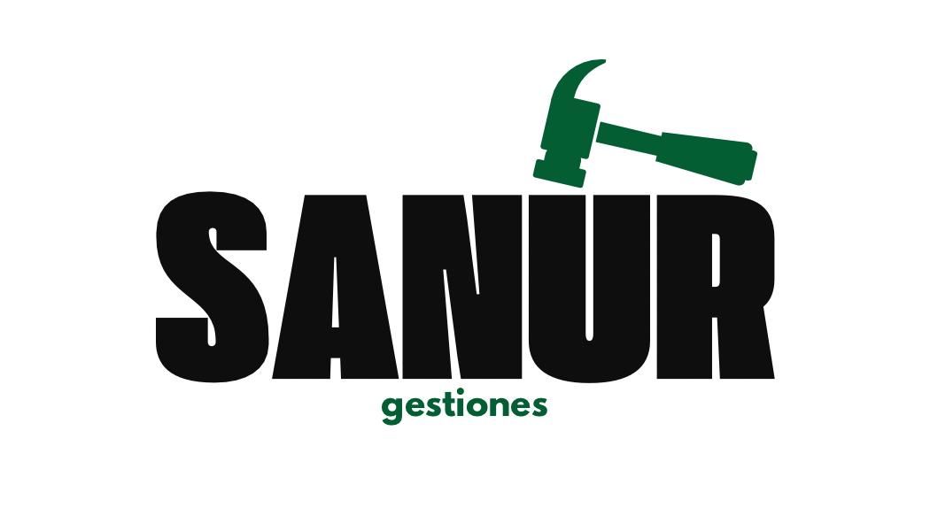 Logotipo de "SANUR gestiones" con un martillo verde encima de la palabra.