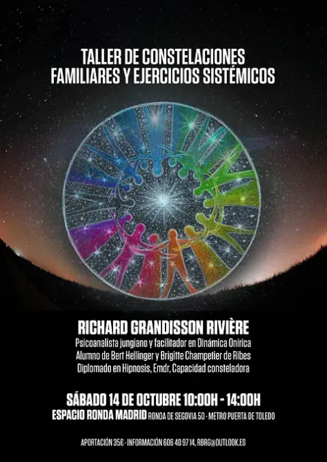 A poster for a taller de constelaciones familiares y ejercicios sistemicos
