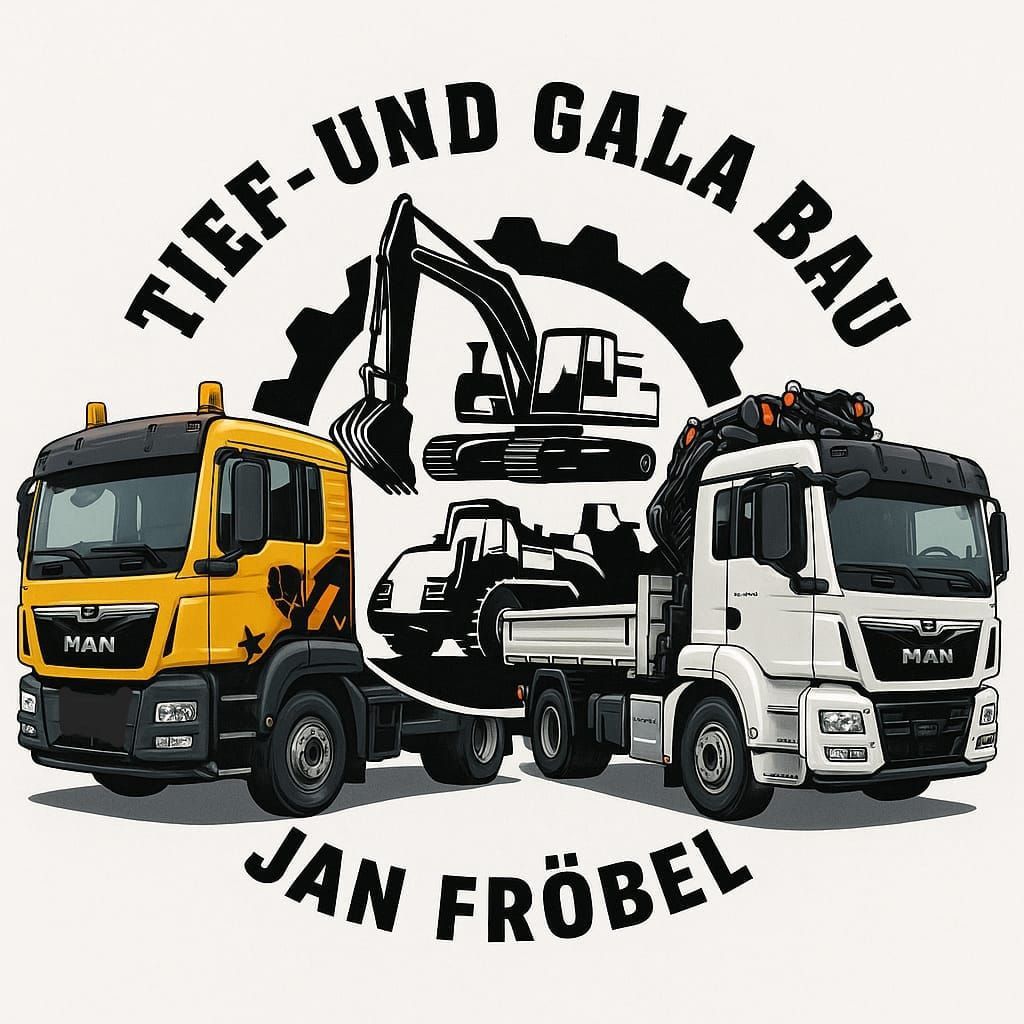Logo: Yellow and white MAN trucks, excavator, gear, text "Tief- und Gala Bau Jan Fröbel."