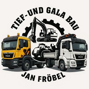 Logo: Yellow and white MAN trucks, excavator, gear, text "Tief- und Gala Bau Jan Fröbel."