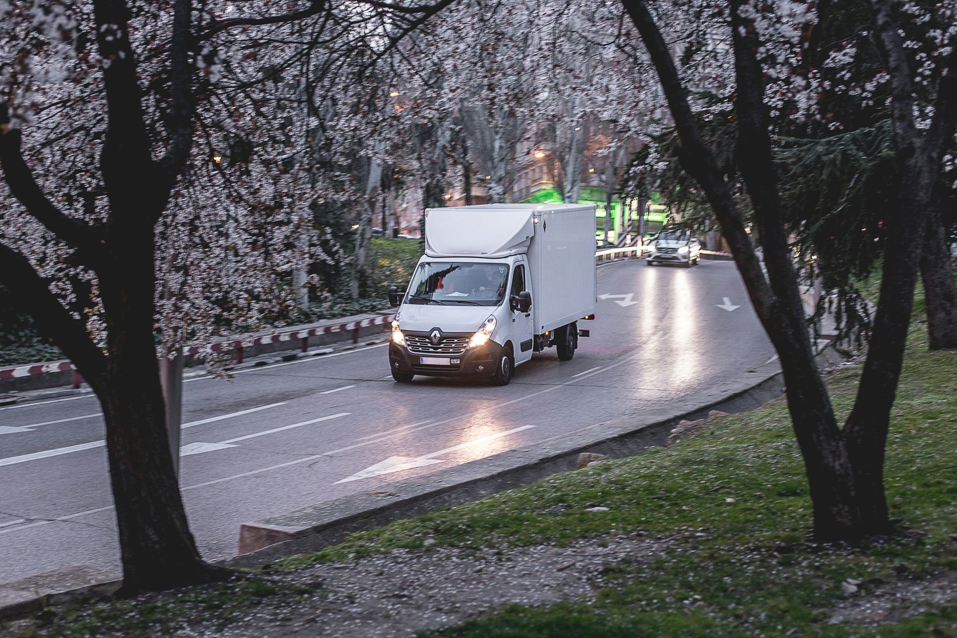 Weisser Lieferwagen fährt auf nasser Strasse, Bäume mit weissen Blüten an den Seiten.