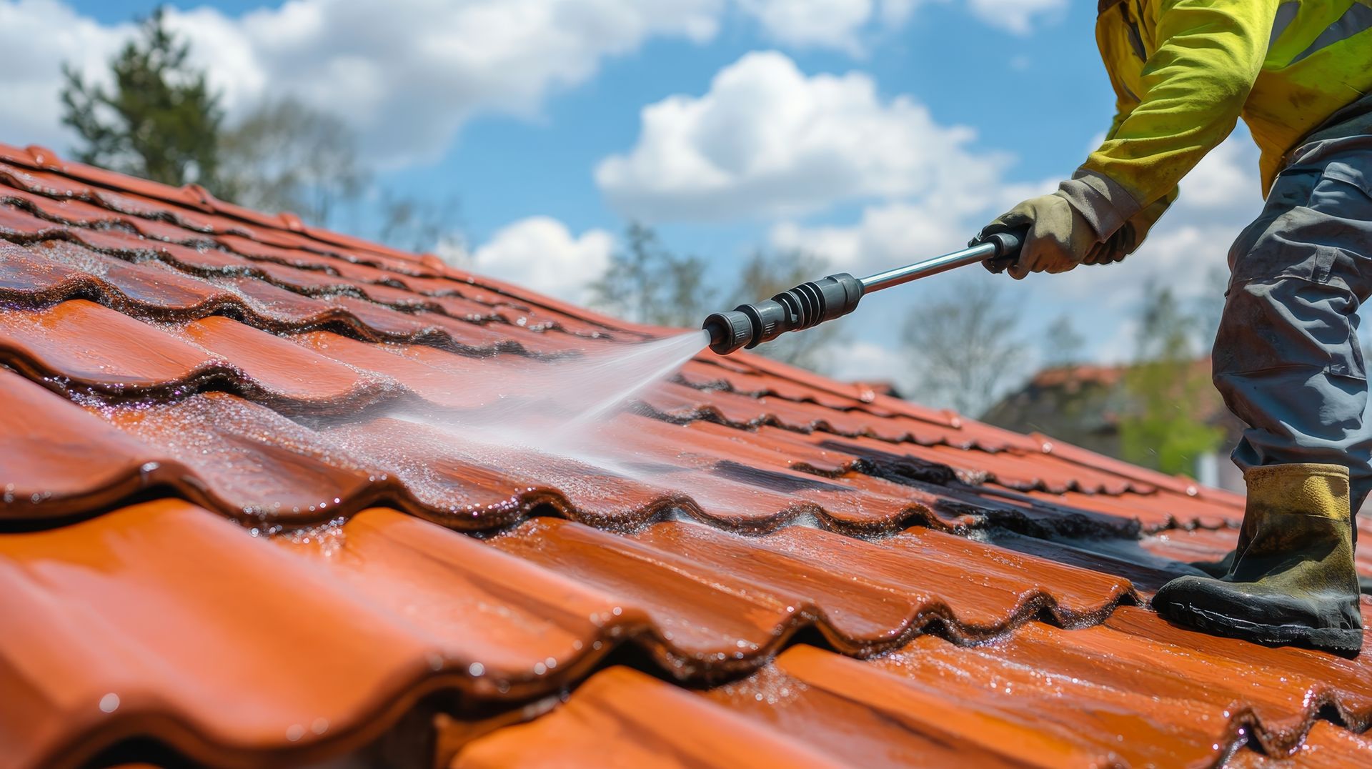 Personne nettoyant un toit avec de l'eau