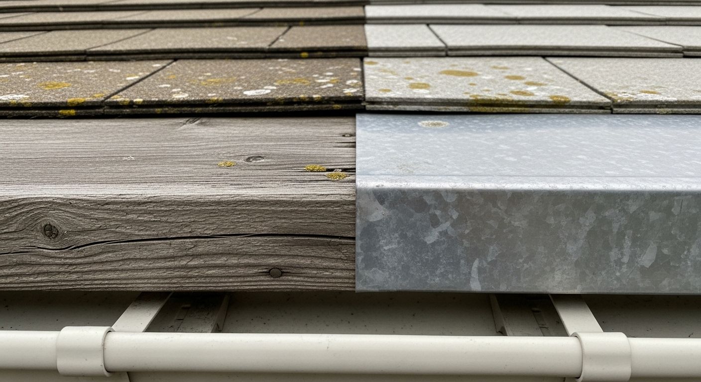 Des planches de bois patinées près d'une gouttière métallique grise en bordure de toit
