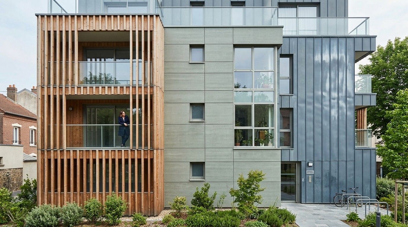 Immeuble d'appartements moderne avec balcons à lattes de bois et façade gris-bleu, extérieur végétalisé.